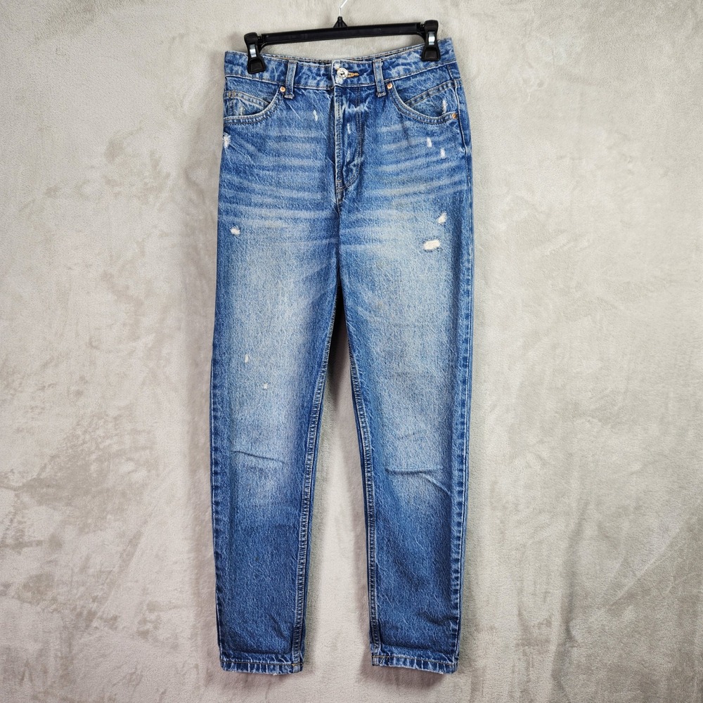 Bershka Mom Jeans Women 4 Medium Blue Wash Distressed High Rise Tapered Casual